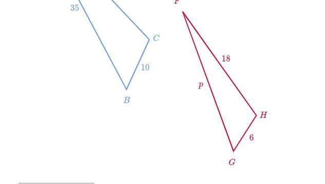 Triangle ABC is similar to triangle FGH Solve for p. p=?-example-2