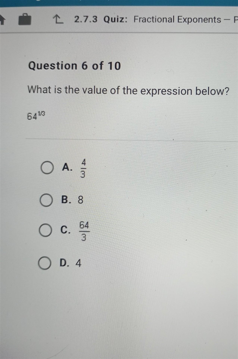 What is the value of the expression below? 64^1/3​-example-1