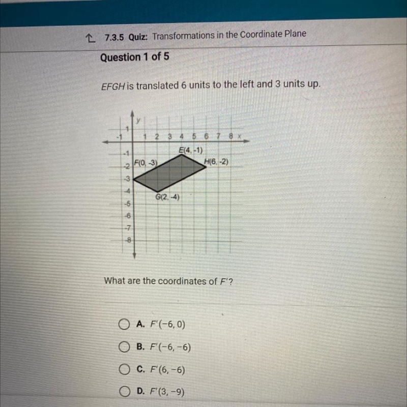 EFGH is translated 6 units to the left and 3 units up. What are he coordinates of-example-1