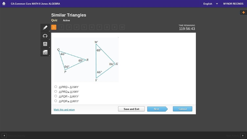 The triangles shown are similar. Which similarity statement expresses the relationship-example-1