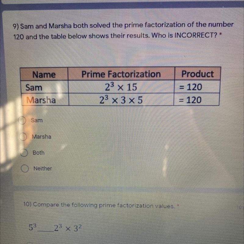 Sam and Marsha both solved the prime factorization of the number 120 and the table-example-1