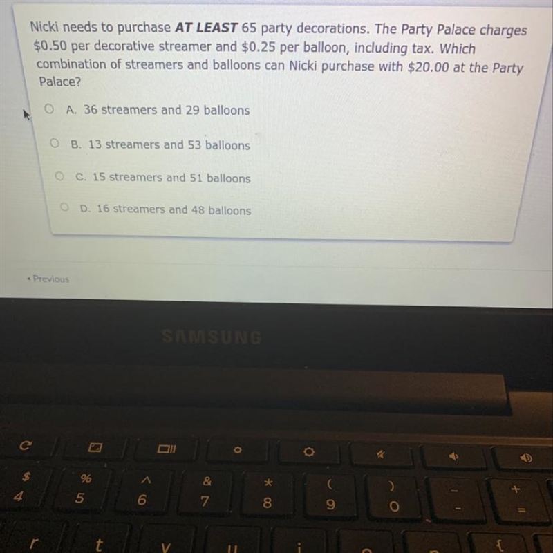 Nicki needs to purchase AT LEAST 65 party decorations. The Party Palace charges $0.50 per-example-1