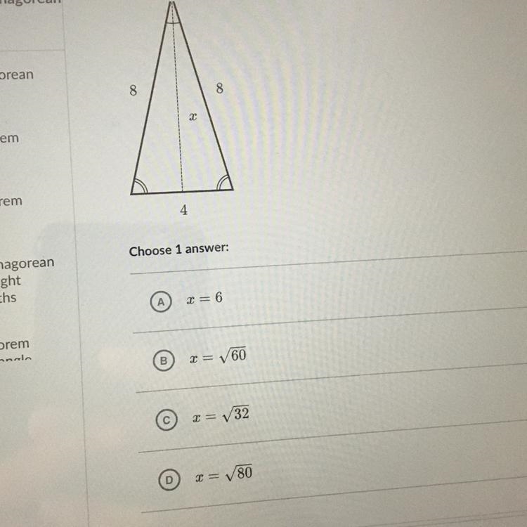 Find the value of x in the isosceles triangle shown below.-example-1