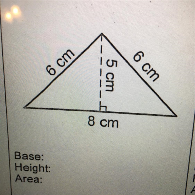 The formula is A= 1/2 (b) (h) please and thank you please have explanation:)-example-1