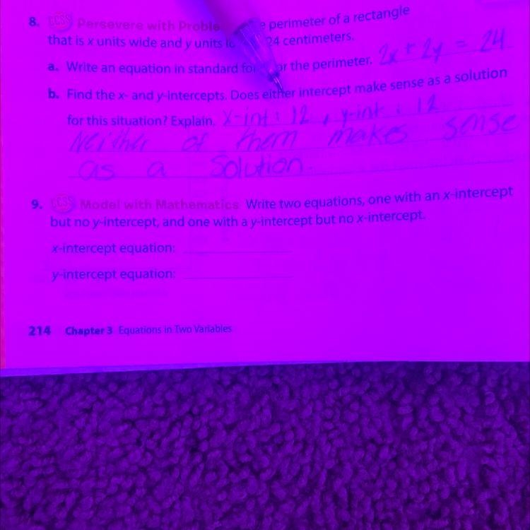 Write two equations, one with an x-intercept but no y-intercept, and one with a y-example-1