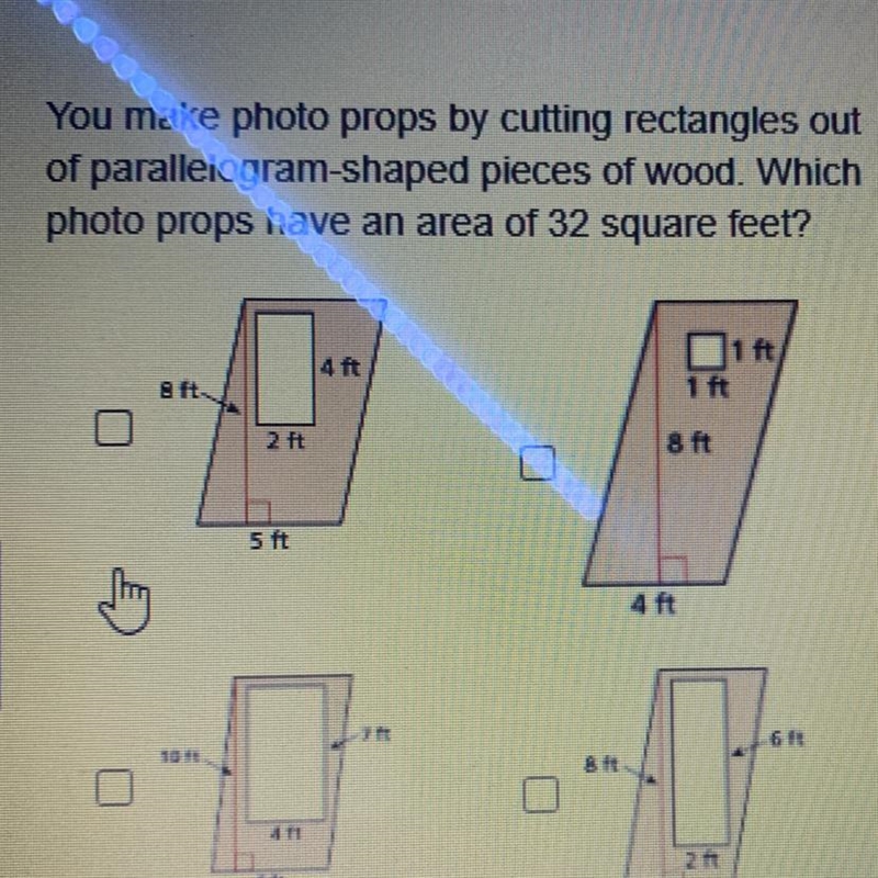 You make photo props by cutting rectangles out of parallelogram-shaped pieces of wood-example-1