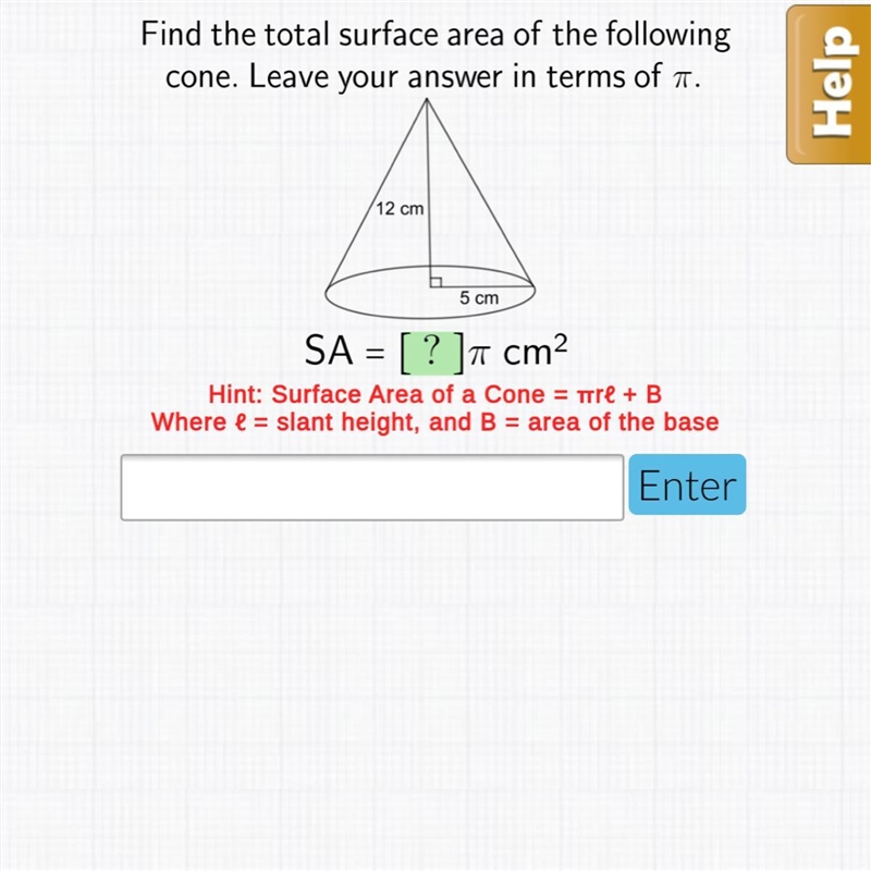 Find the total surface area of the following cone. leave your answer in terms of pi-example-1