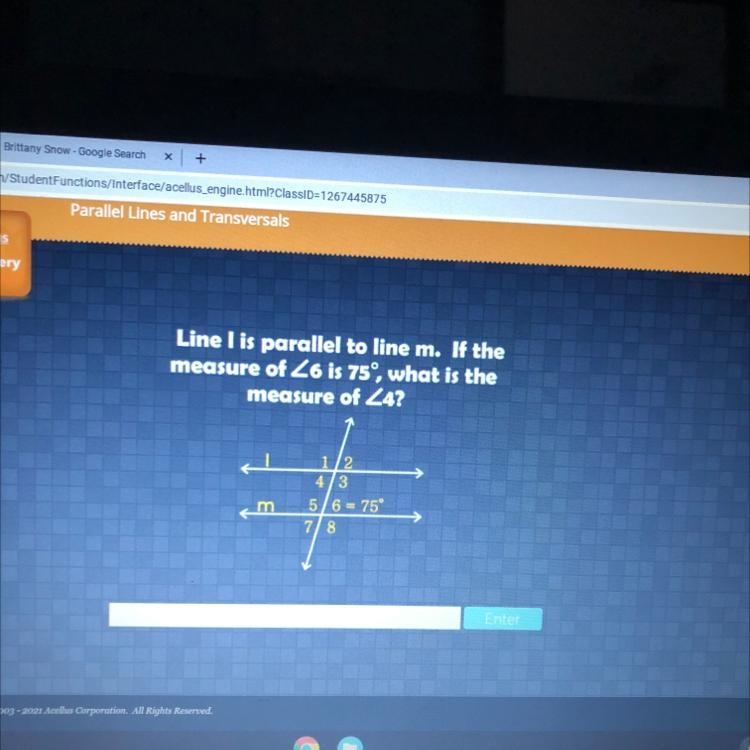 Line I is parallel to line m. If the measure of Z6 is 75°, what is the measure of-example-1