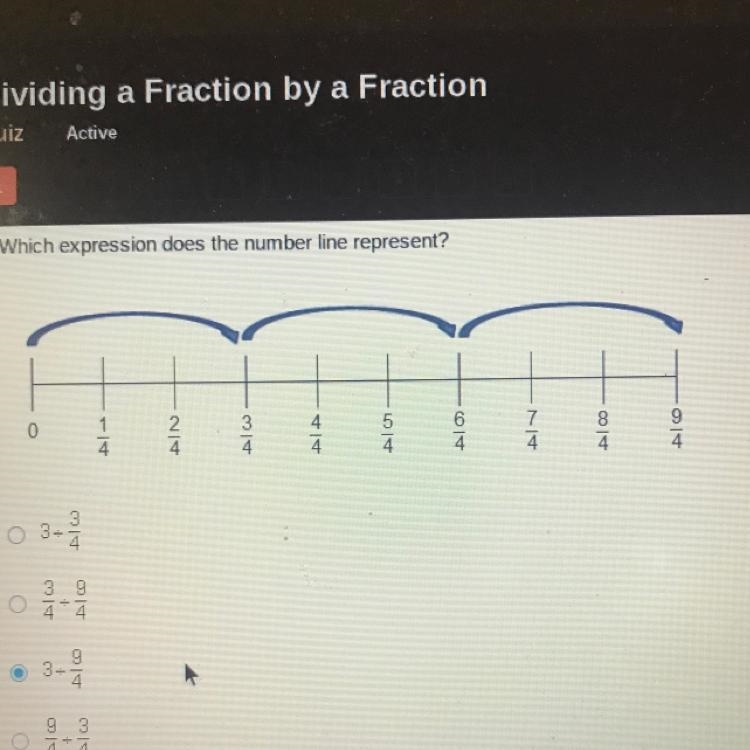 Which expression does the number line represent? O 3+ 3/4. O 3/4 + 9/4 O 3 + 9/4 O-example-1