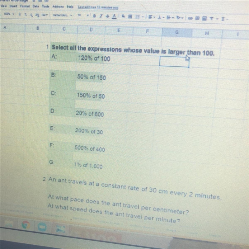 1 Select all the expressions whose value is larger than 100. A: 120% of 100 B. 50% of-example-1