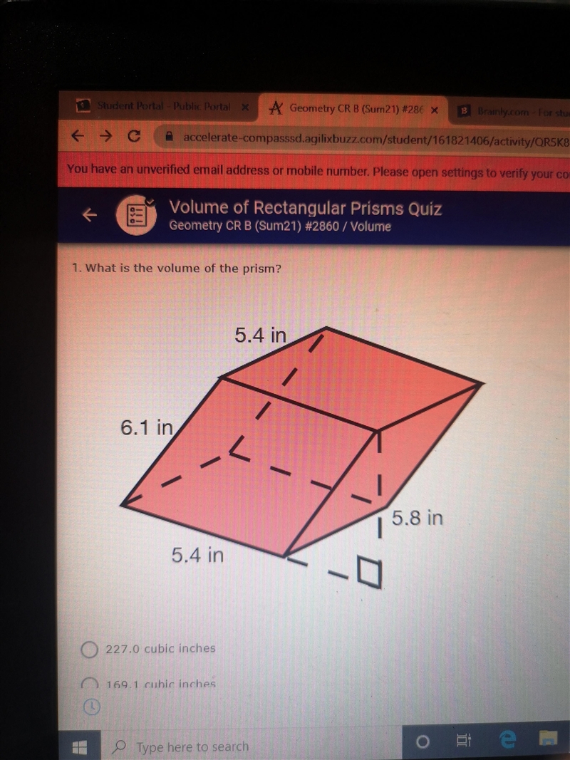 What is the volume of the prism? 227.0 cubic inches 169.1 cubic inches 177.9 cubic-example-1