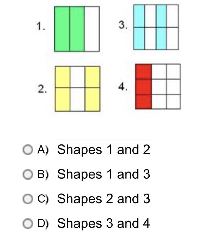 Which two shapes are equivalent fractions?-example-1