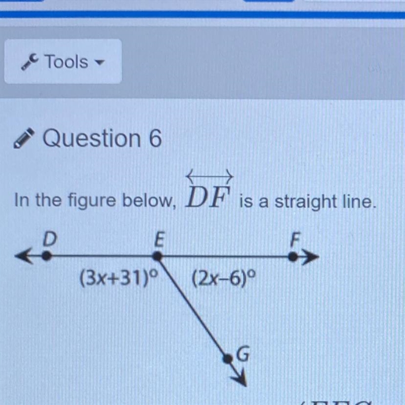 What is the degree measure of FEG? A 20° B 31° C 56° D 124°-example-1