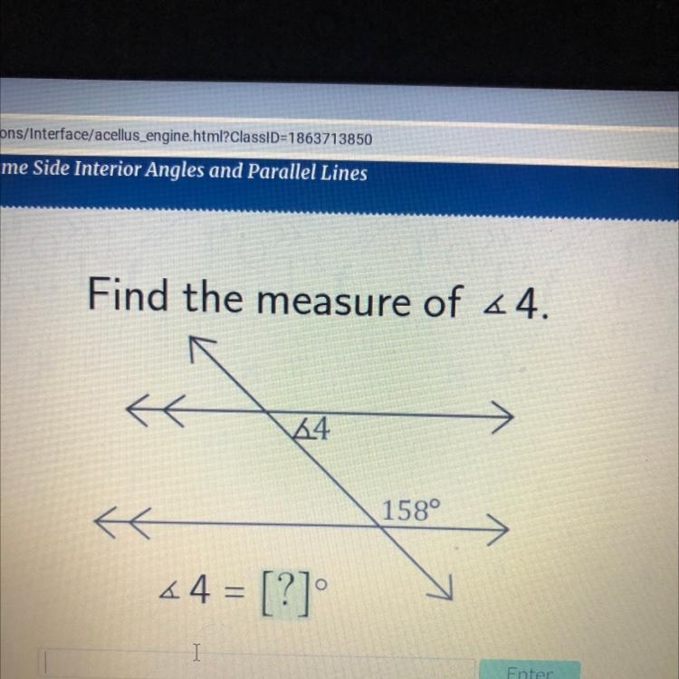 Acellus Find the measure of < 4. 44 158° { *4 = [?] Fnter-example-1