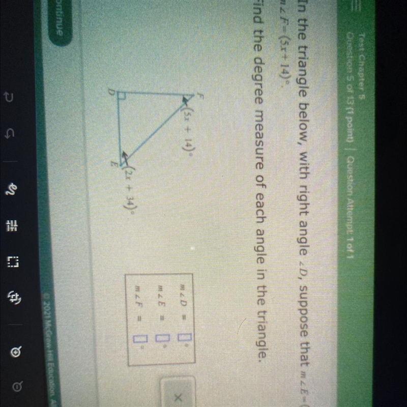 In the triangle below, with right angle D, suppose that m angle 2 E=(2x +34) and m-example-1