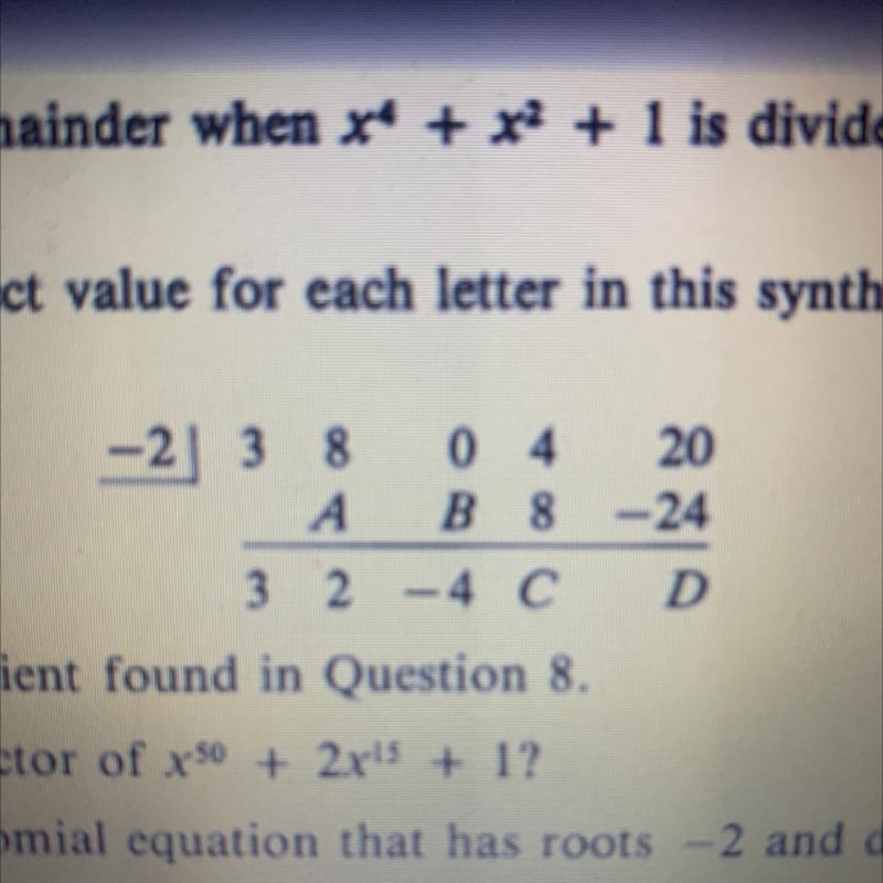 Write the correct value for each letter in the synthetic division process-example-1