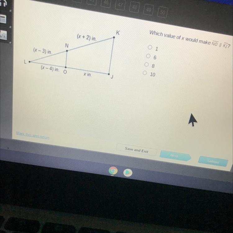 Which value of x would make NO || Kj? K (x + 2) in. N оооо (x - 3) in 8 L (x-4) in-example-1