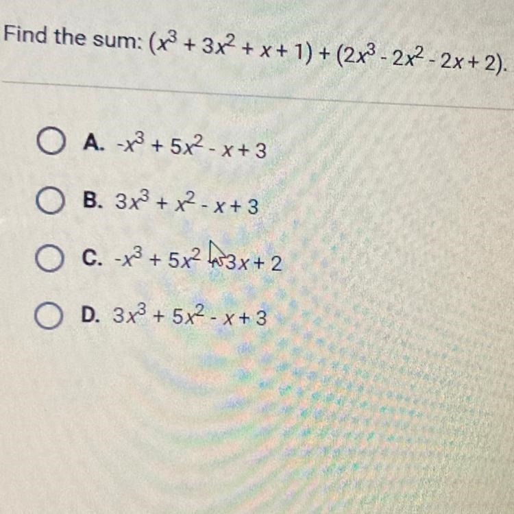 Find the sum: (x3 + 3x2 + x + 1) + (2x3 - 2x2 - 2x + 2).-example-1