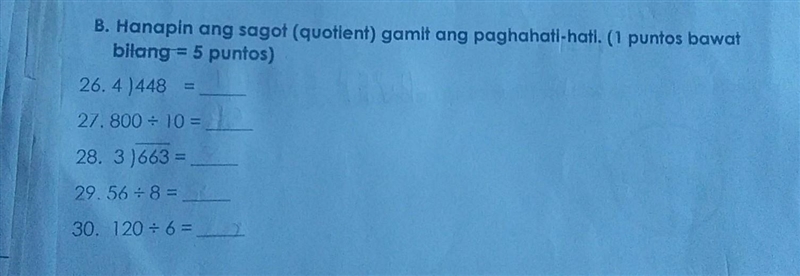 B. Hanapin ang sagot (quotient) gamit ang paghahati-hati. (1 puntos bawat bilang = 5 puntos-example-1