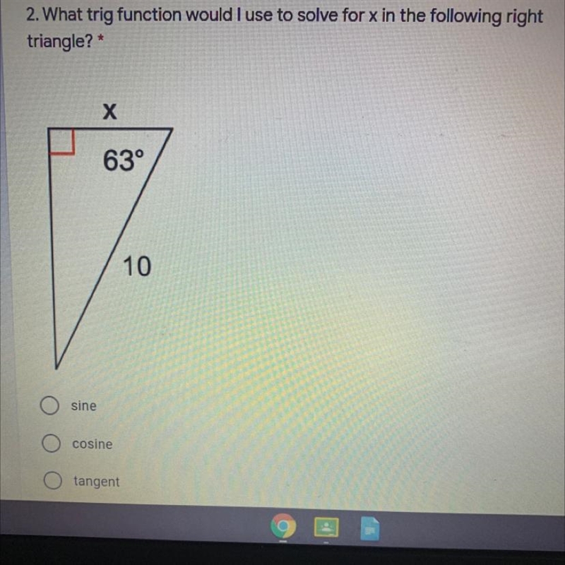 What trig function would I use to solve for x?-example-1