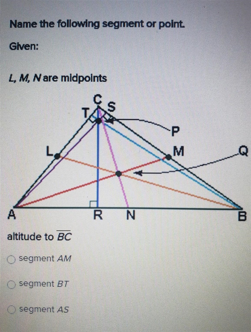 Name the following segment or point Glven: L, M, N are midpoints T S P M M Q A RN-example-1