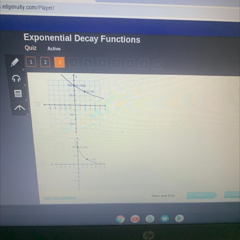 N Which is the graph of f(x) = 100(0.7)*?-example-1