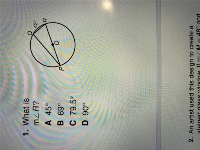 1. What is m angle R ? A 45 degrees B 69 degrees C 79.5 degrees D 90 degrees-example-1