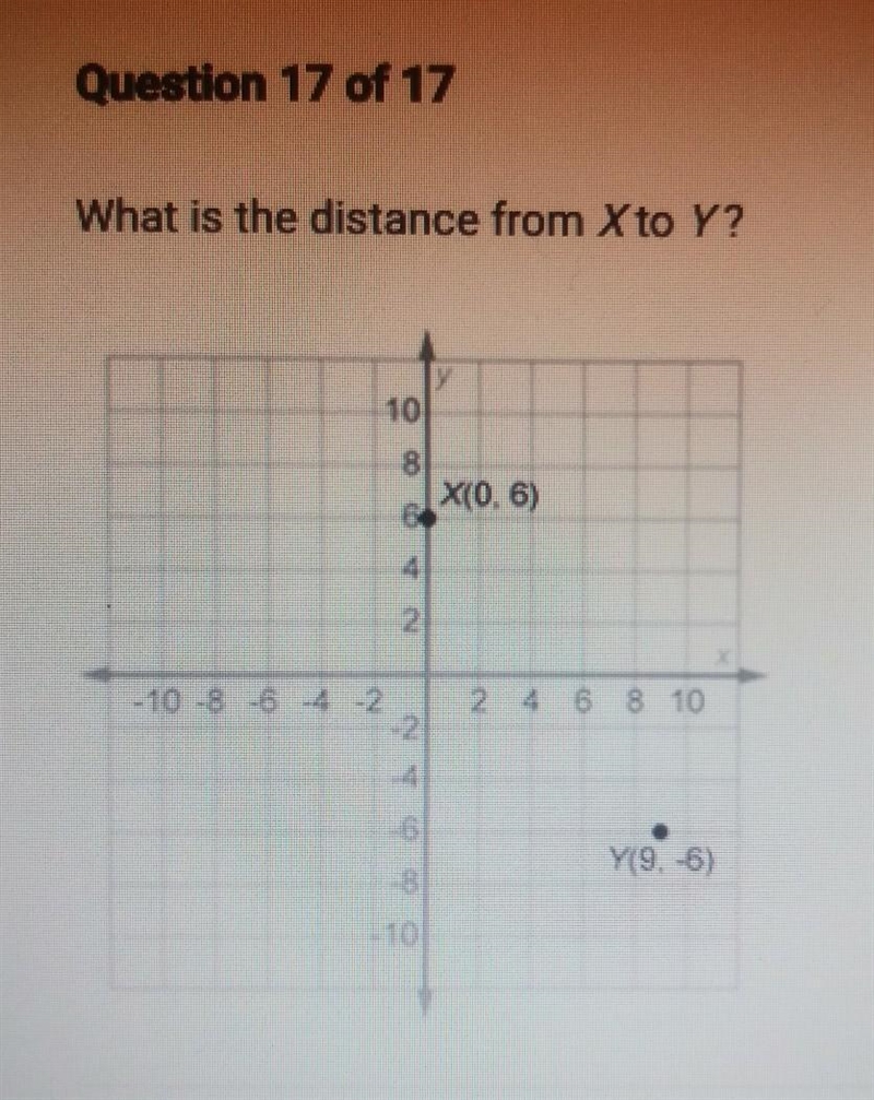 What is the distance from X to Y? A. 15 units B. 3 units C. 225 units D. 21 units-example-1