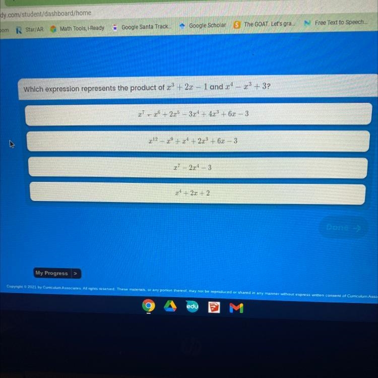 Which expression represents the product of x3 + 2x - 1 and x4 - x3 +3?-example-1