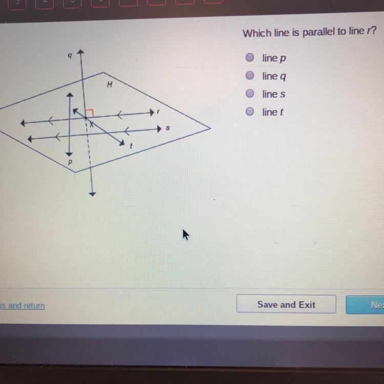 Which line is parallel to liner? A. line p B. line q C. line s D. line t ​-example-1