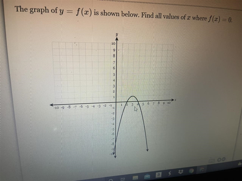 The graph of y=f(x) is shown below. find all the values of x where f(x)=0-example-1