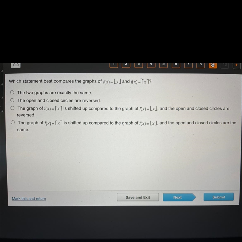 Which statement best compares the graphs of￼ f(x)=[x] and f(x)=[x]-example-1