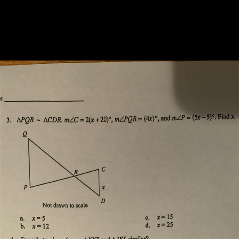 NEED HELP QUICK!!! ∆PQR ~ ∆CDR. m∠C = 2(x +20)º, m∠PQR = (4x), and m∠P = (5x - 5)º. Find-example-1