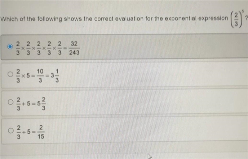 Which of the following shows the correct evaluation for the exponential expression-example-1