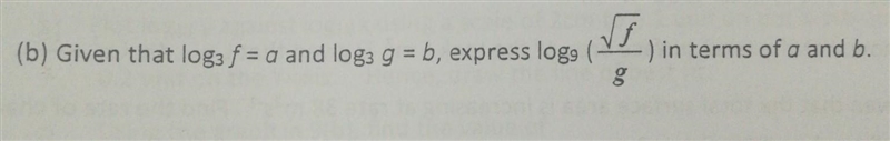 Given that log(3) f = a and log(3) g = b express log(9) ( ( √(f) )/(g)) in terms of-example-1