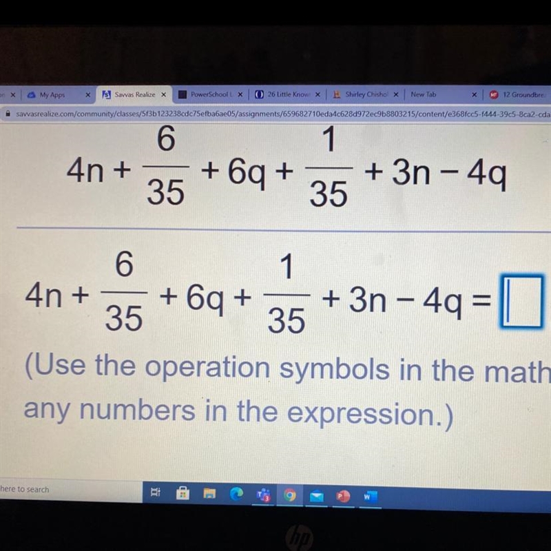 1 6 4n+ 35 +6q+ + 3n - 4q=1 35 10 Points-example-1