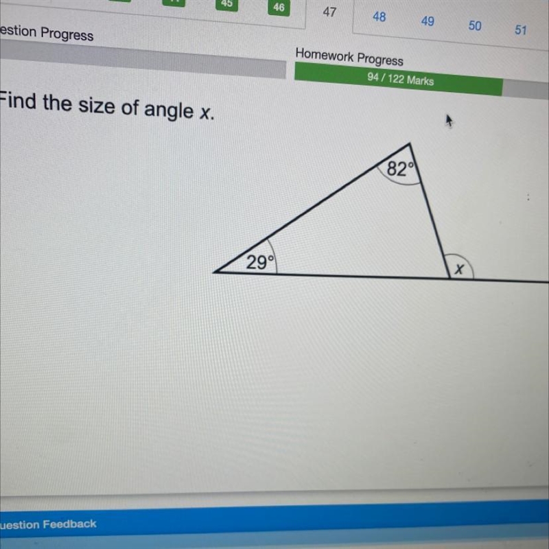 Find the size of angle x. 82 29 х-example-1