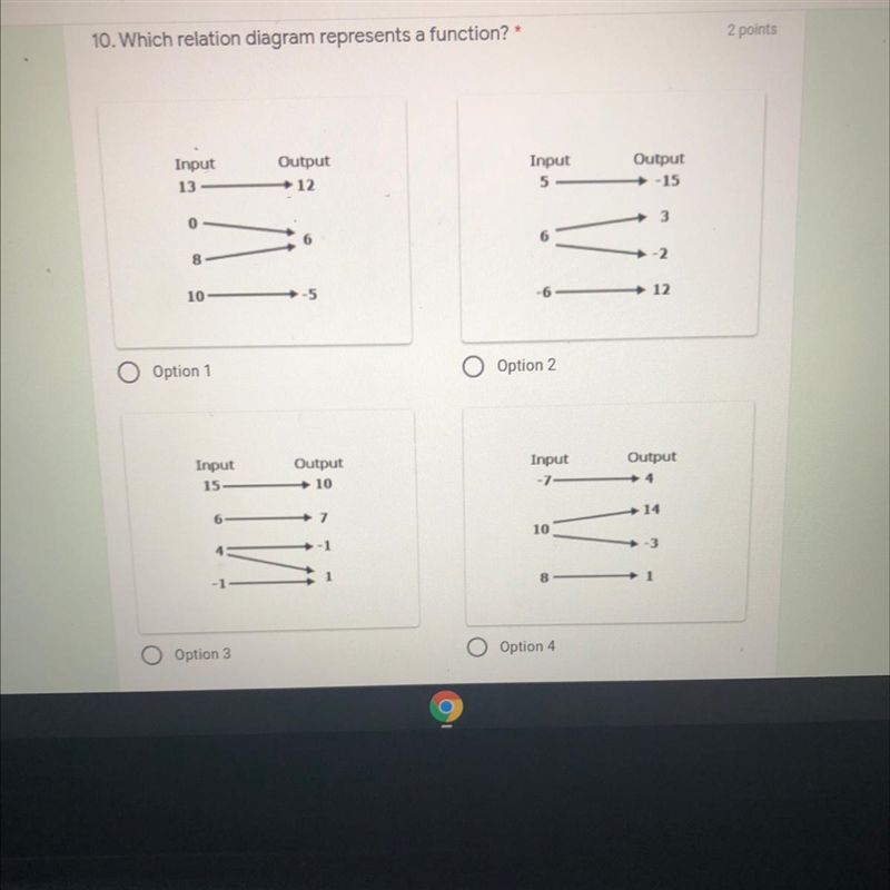 IM BEING TIMED PLEASE HELP!! Which relation diagram represents a function? 2 points-example-1