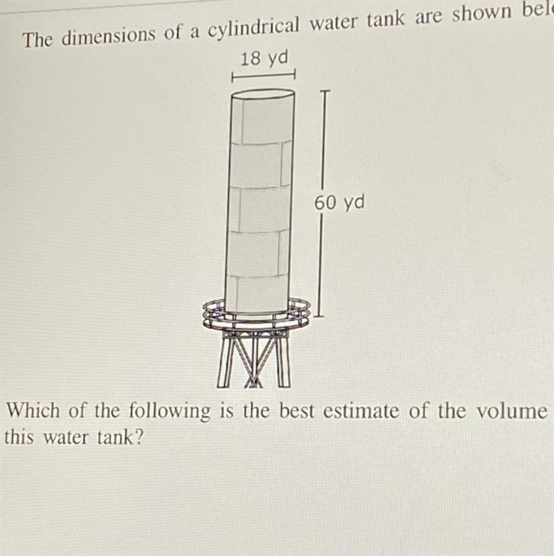 The dimensions of a cylindrical water tank are shown below. 18 yd o 58,320 yd 3,240 yd-example-1