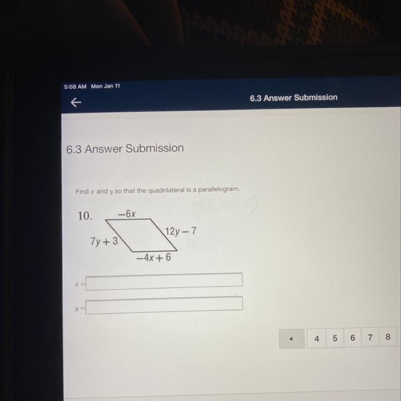 Find x & y so that quadrilateral is a parallelogram. (Look at image) please help-example-1