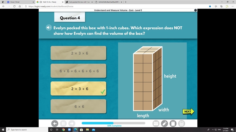 Evelyn packed this box with 1-inch cubes. Which expression does NOT show how Evelyn-example-1