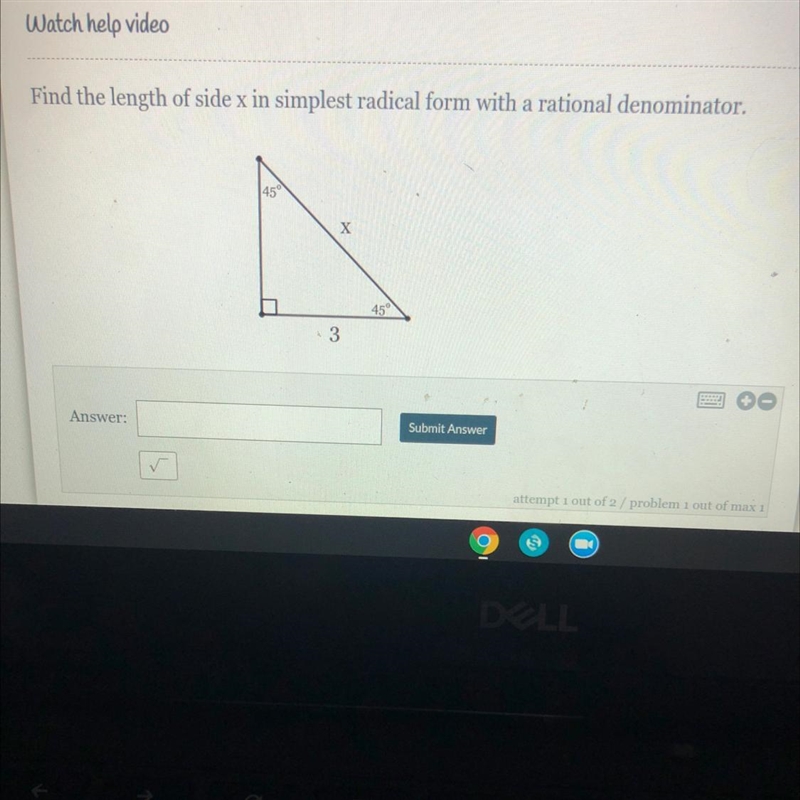 Find the length of side x in simplest radical form with a rational denominator.-example-1