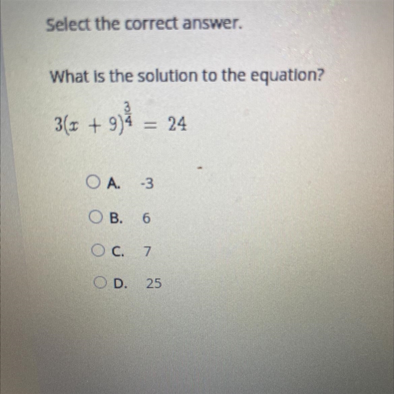 Select the correct answer. What is the solution to the equation? 3(x+9) ^3/4 = 24-example-1