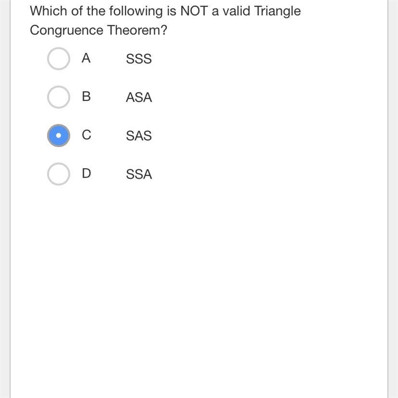 Which of the following is not a valid triangle congruence theorem?-example-1