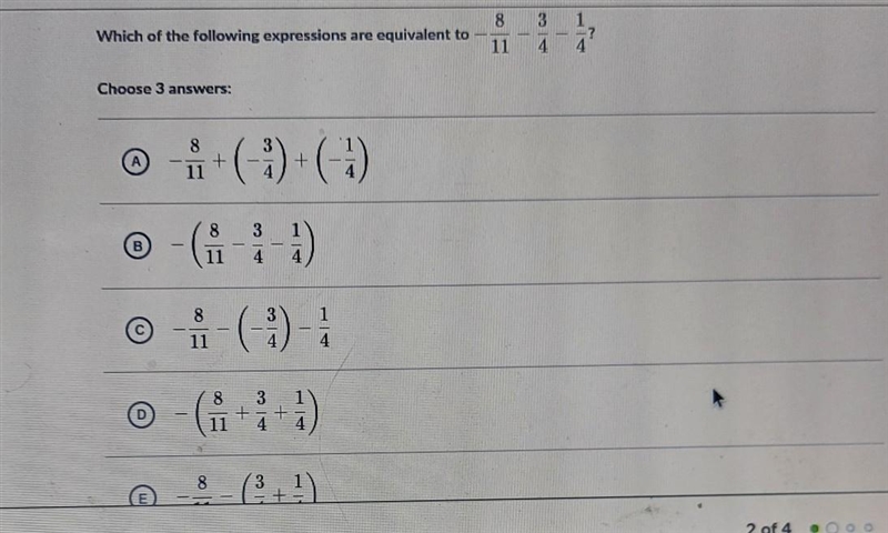 Which of the following expressions are equivalent to -8/11-3/4-1/4 (choose three answers-example-1