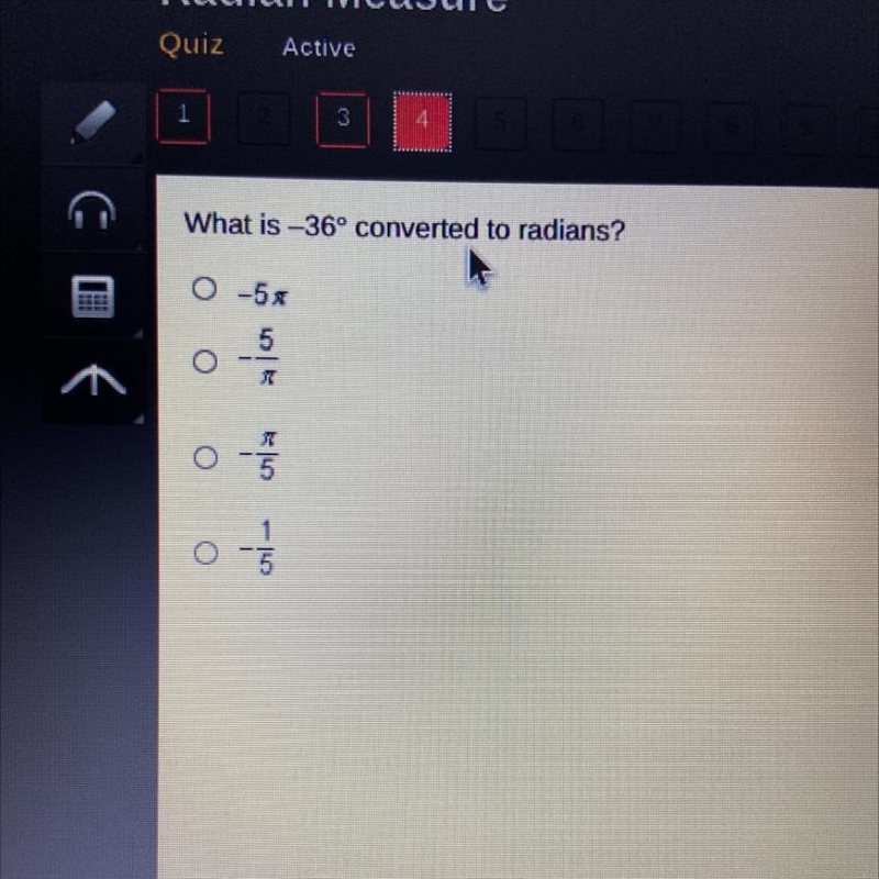 What is -36° converted to radians?-example-1