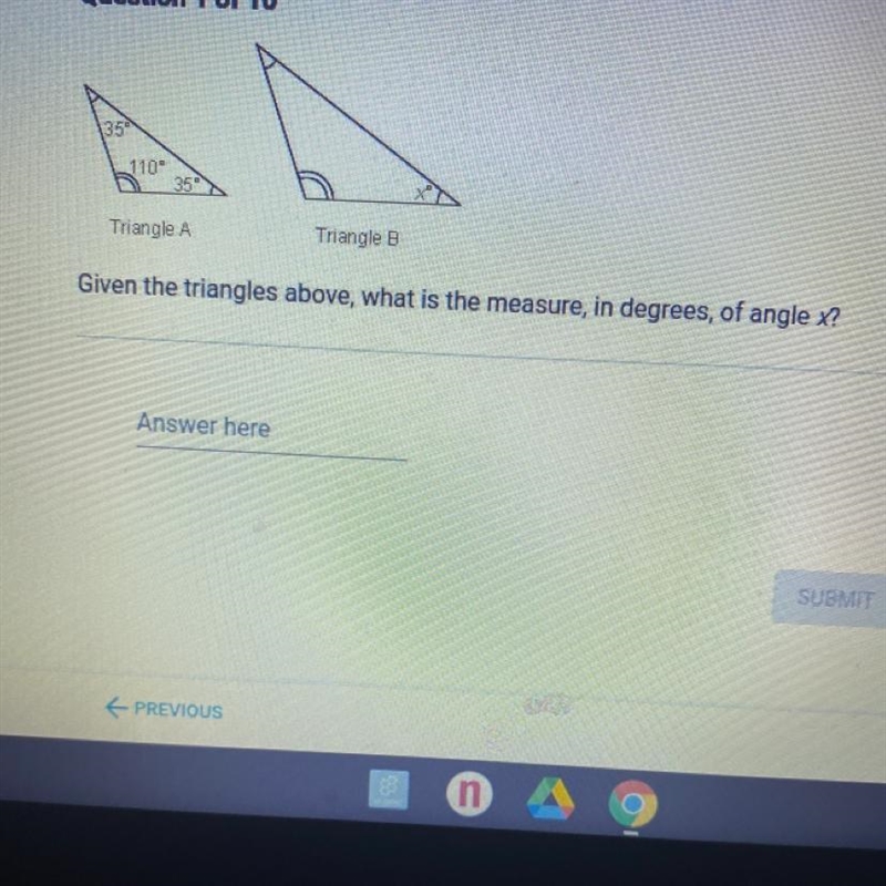 Given the triangles above, what is the measure, in degrees, of angle x?-example-1