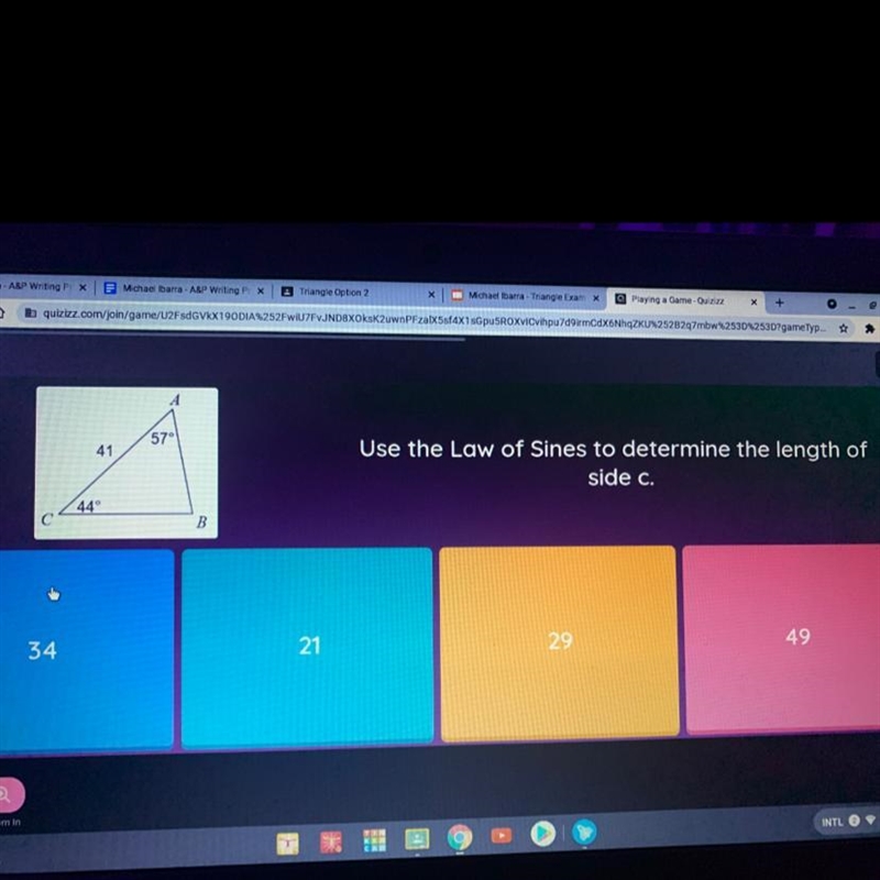 57° 41 Use the Law of Sines to determine the length of side c. 44° B 29 49 34 21-example-1