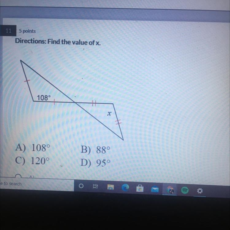 Find the value of x A)108 B)88 C)120 D)95-example-1