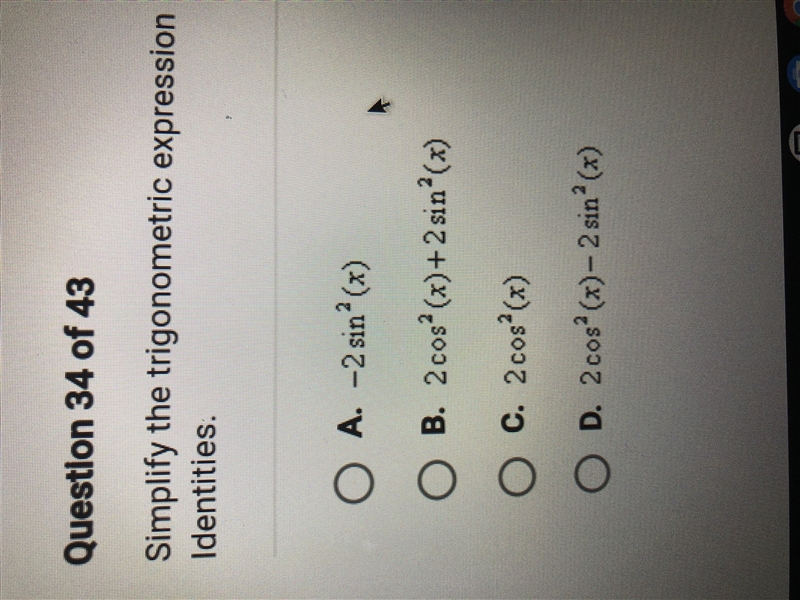 Simplify the trigonometric expression cos(2x)+1 using Double-Angle identities-example-1